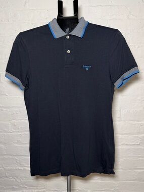 Barbour Navy Blue Polo with Gray and Blue Contrast Trim